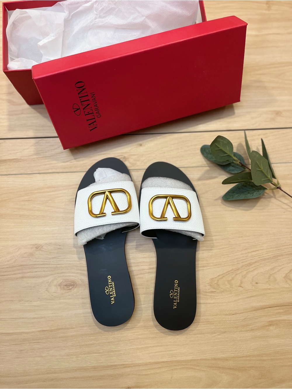 Valentino Garavani White Slide Sandals with Gold V Logo